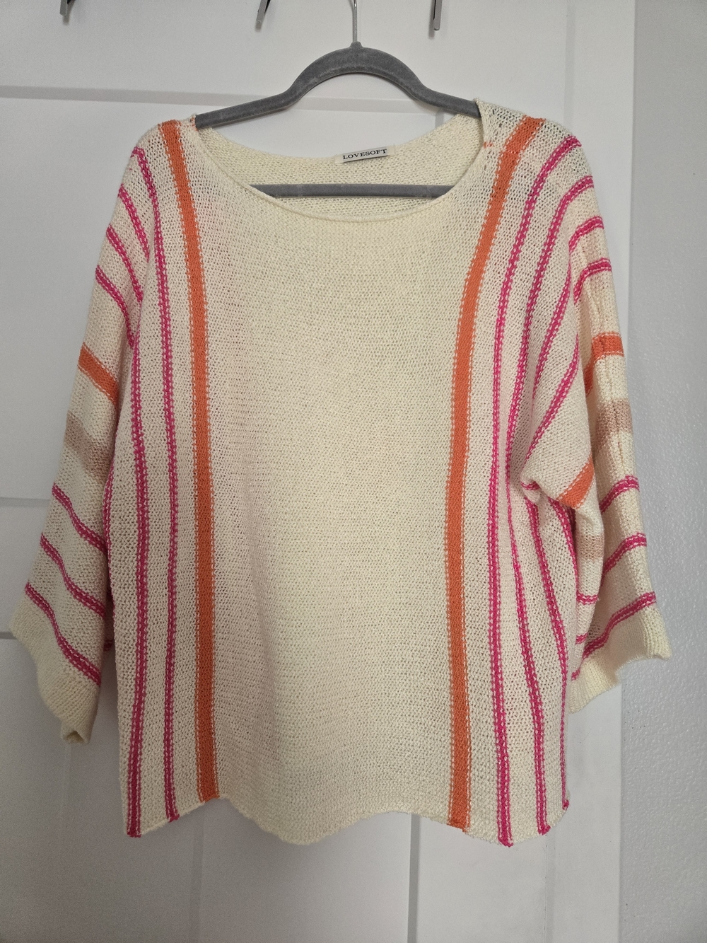 Loveshot Cream Crewneck Sweater with Pink & Orange Stripes